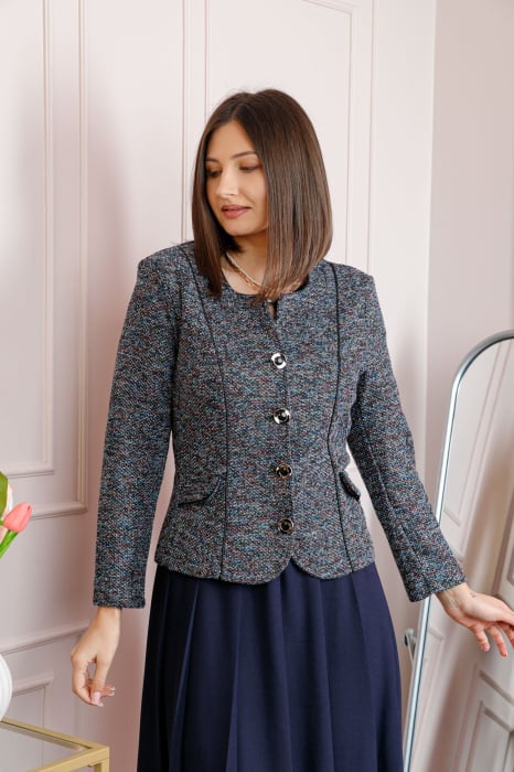 Sacou dama Audrey din material boucle bleumarin cu nasturi decorativi
