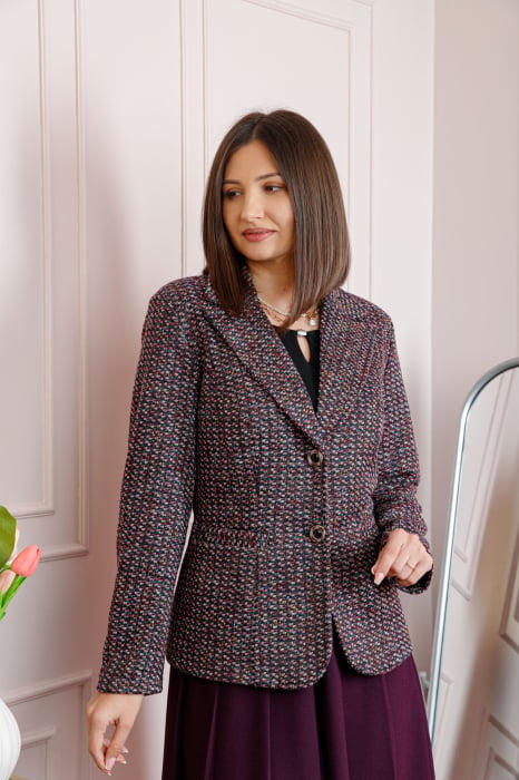 Sacou dama Dorothy din tweed bordo multicolor cu nasturi decorativi