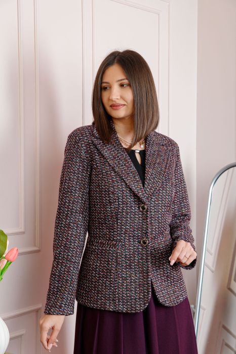 Sacou dama Dorothy din tweed bordo multicolor cu nasturi decorativi