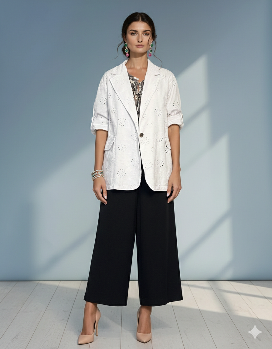 Sacou din bumbac oversized cu broderie spartă florală alb - Unica S-L