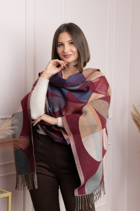 Sal dama bordo cu imprimeu geometric si franjuri Carly