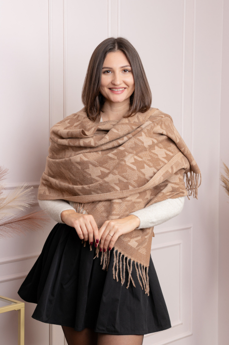 Sal dama camel cu imprimeu pepit si franjuri Beth