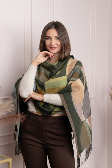 Sal dama verde cu imprimeu geometric si franjuri Carly