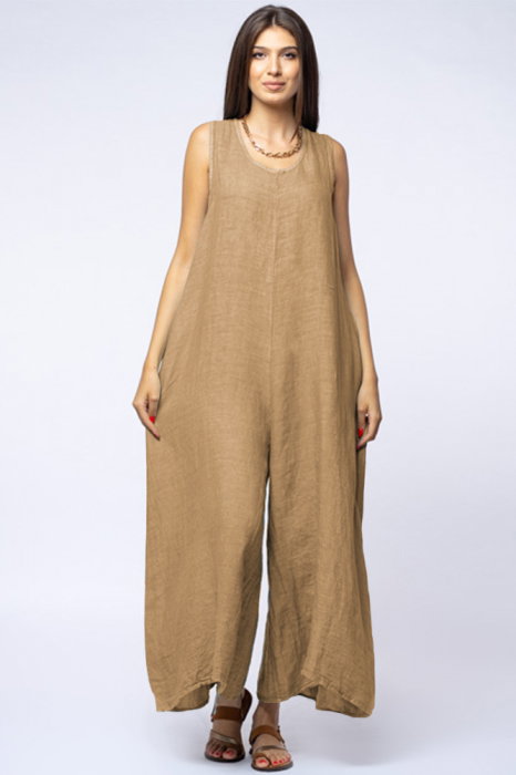 Salopeta de vara larga din in cu bretele late, camel