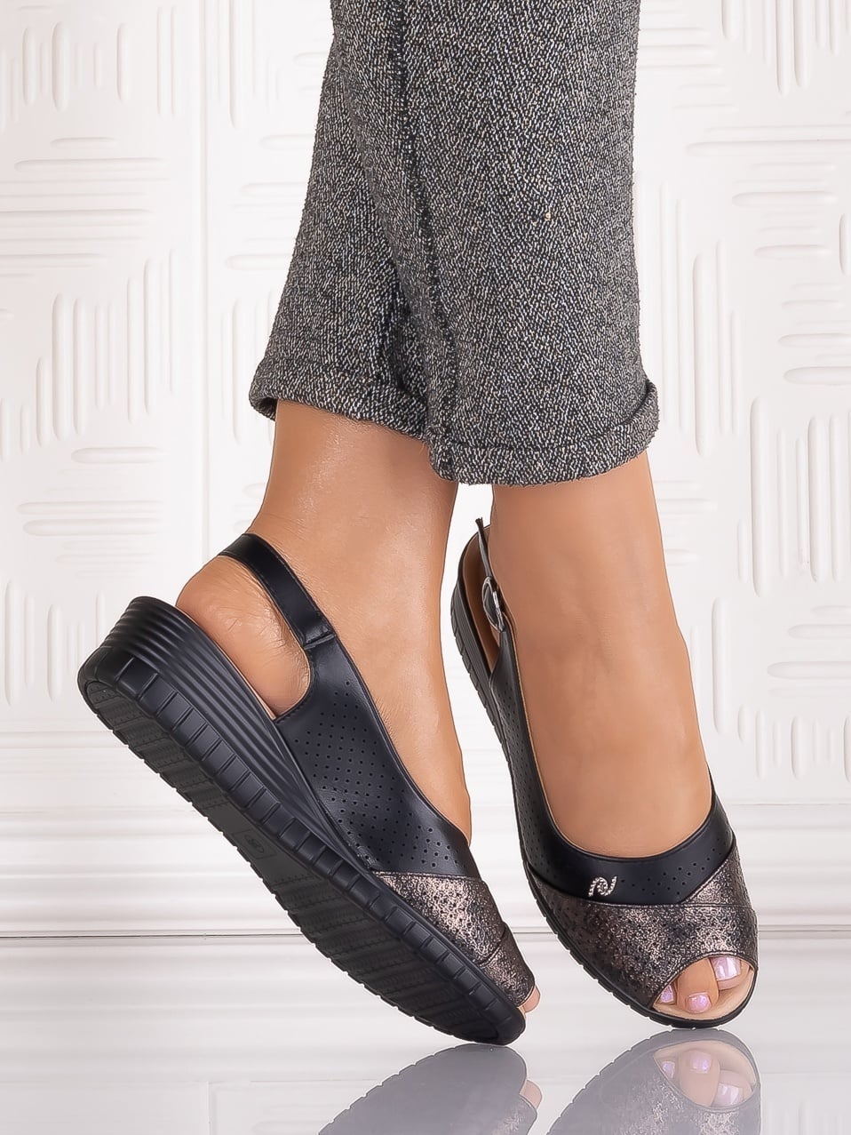 Sandale casual Negre dama din Piele Ecologica Auura - poza 2