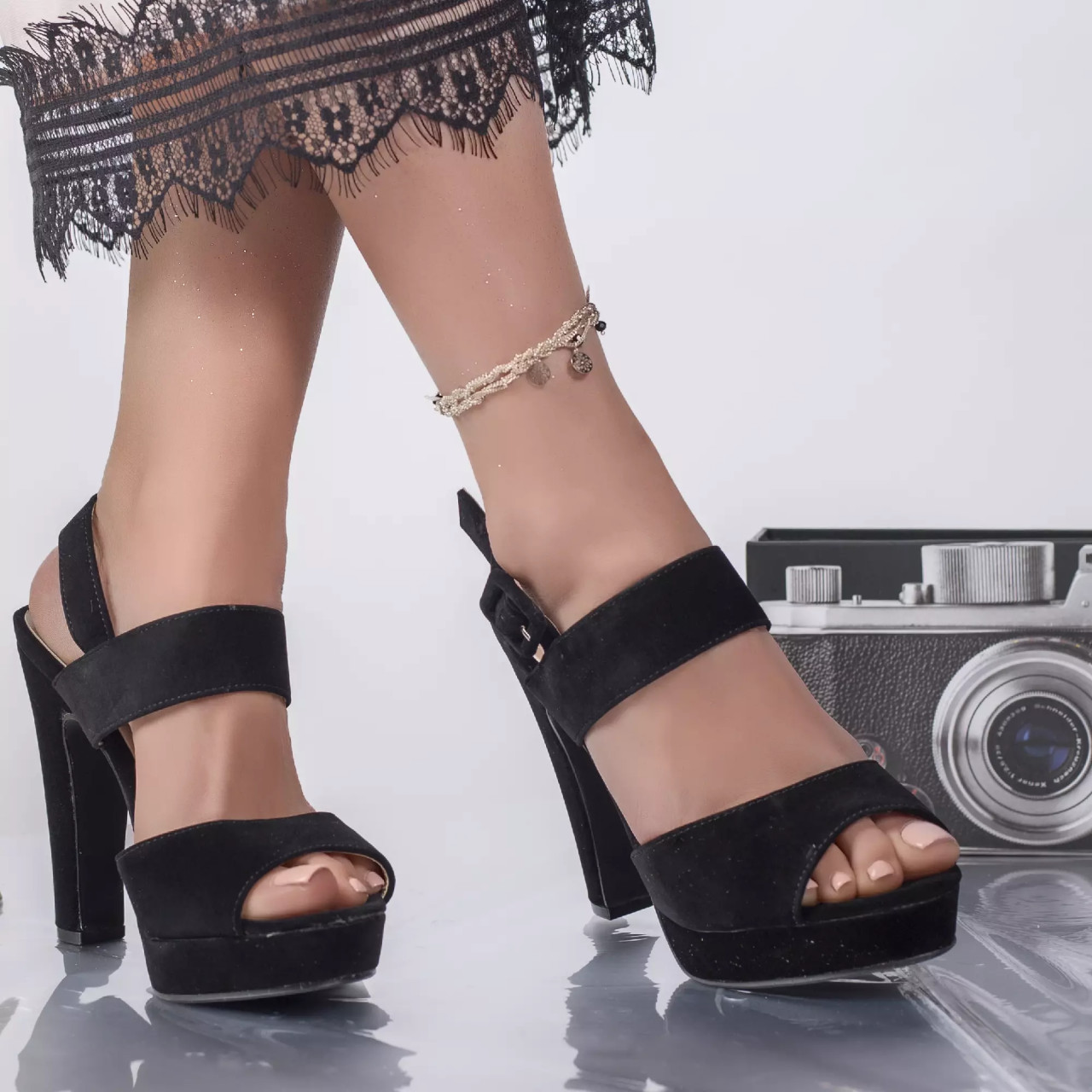 Sandale cu toc parker negru piele intoarsa - poza 1