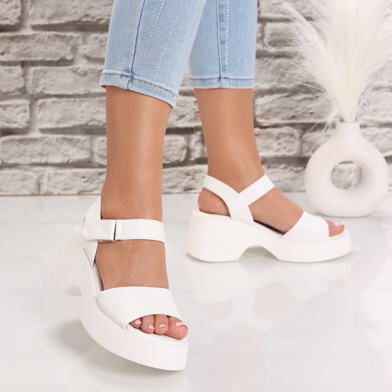 Sandale dama cu platforma Albe din Piele Ecologica Trisa - poza 3
