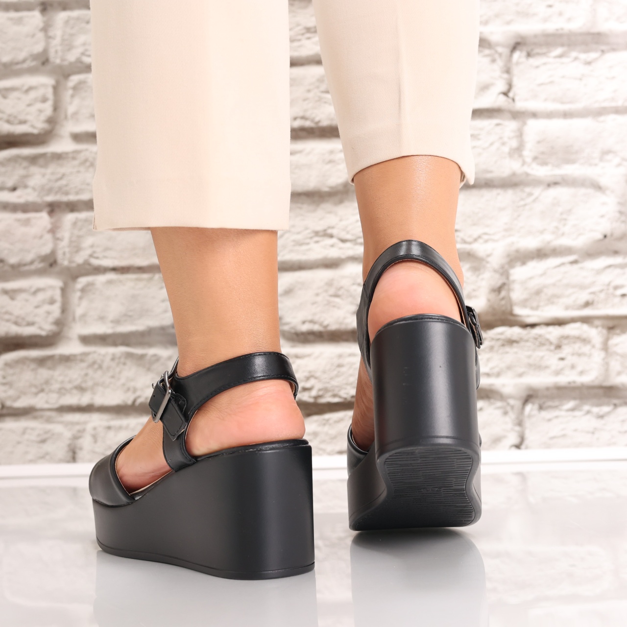 Sandale dama cu platforma Negre din Piele Ecologica Adnora - poza 5