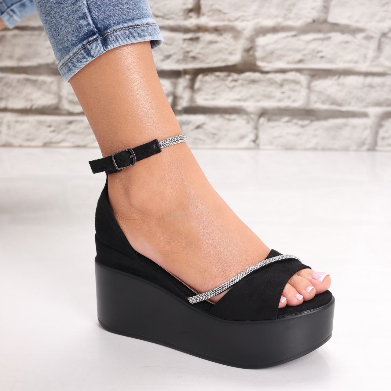 Sandale dama cu platforma Negre din Piele Ecologica Intoarsa Bereda - poza 2