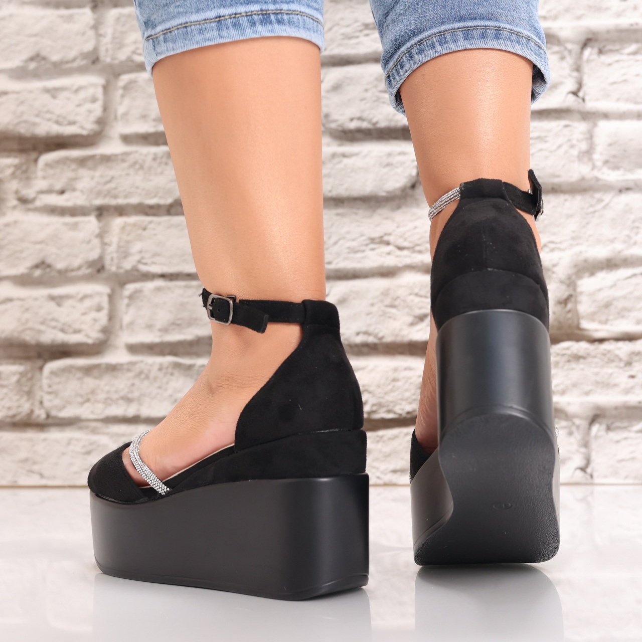 Sandale dama cu platforma Negre din Piele Ecologica Intoarsa Bereda - poza 4