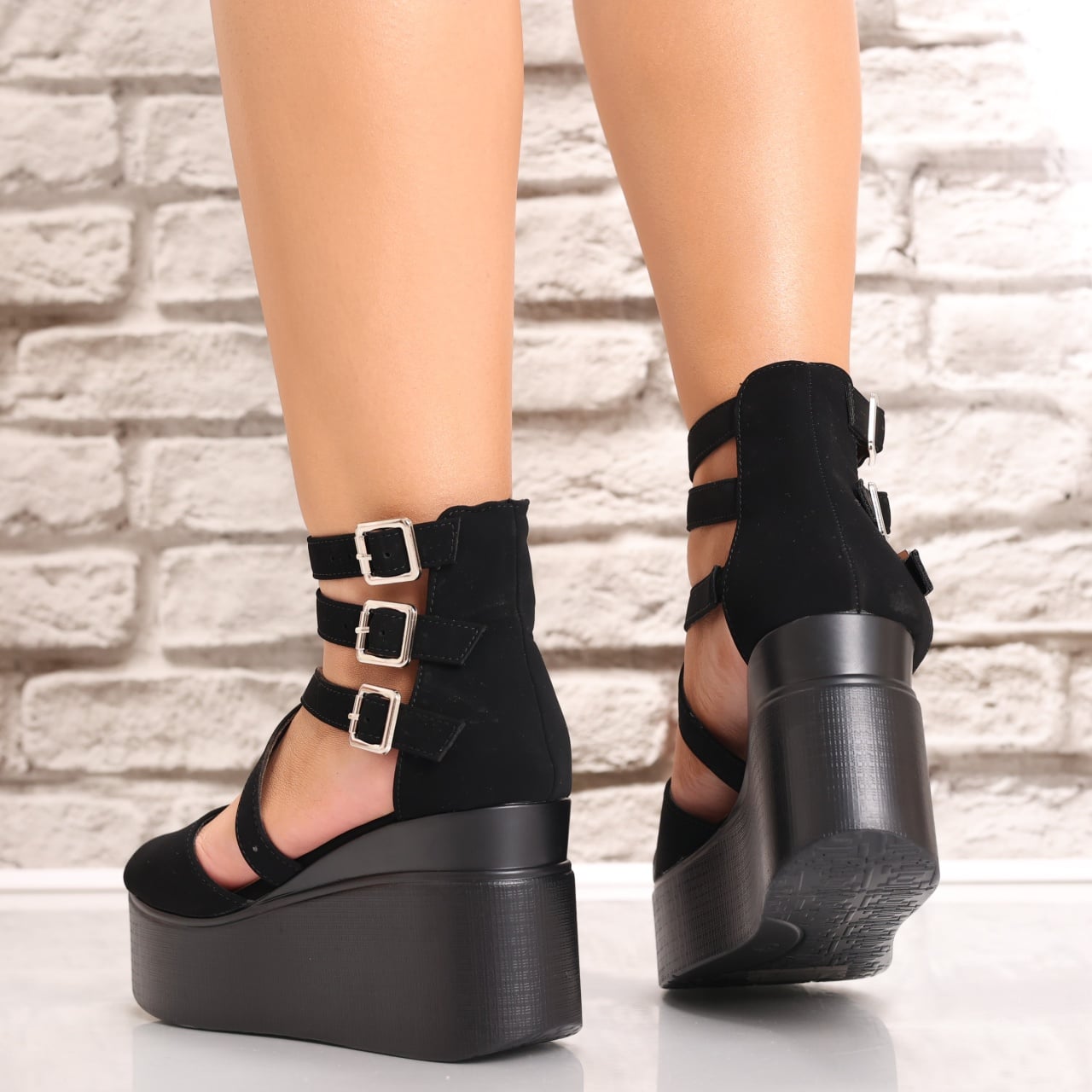 Sandale dama cu platforma Negre din Piele Ecologica Intoarsa Lopera - poza 5
