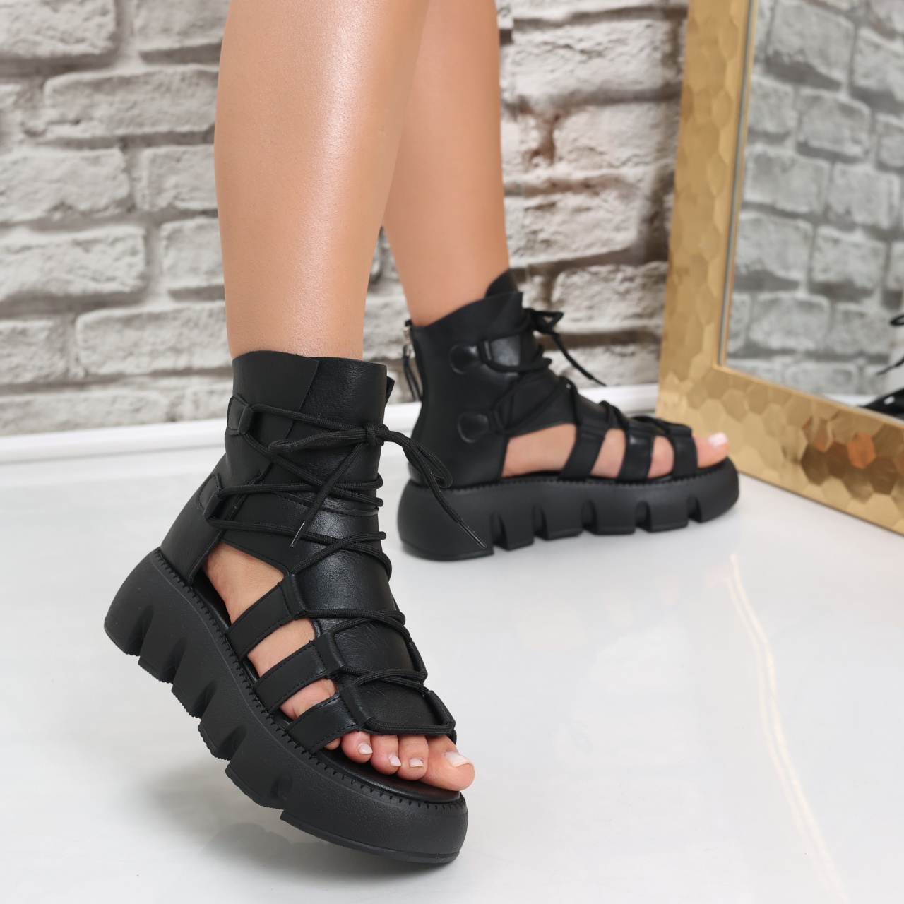 Sandale dama cu platforma Negre din Piele Ecologica Lorca - poza 4