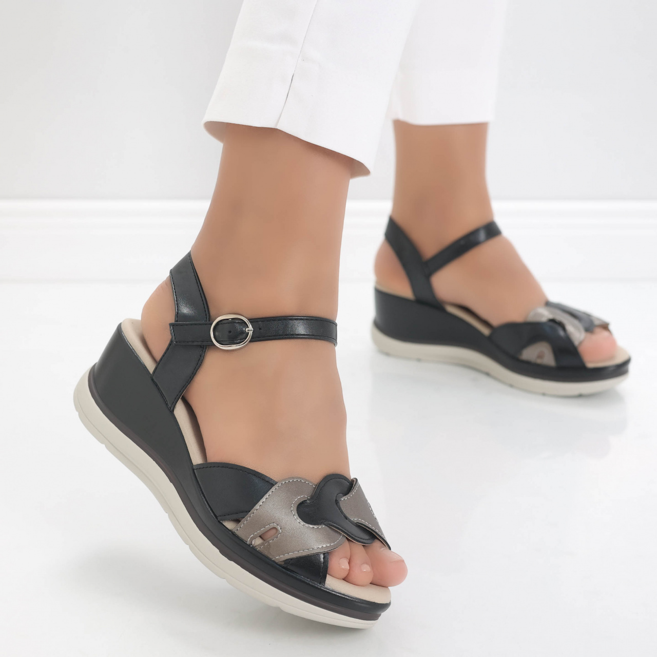 Sandale dama cu platforma Negre din Piele Ecologica Nirma - poza 2