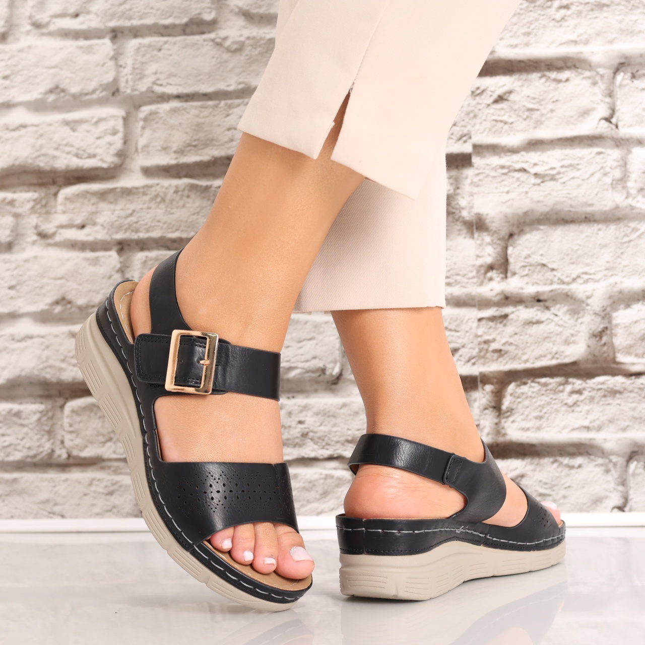 Sandale dama cu platforma Negre din Piele Ecologica Palosa - poza 3