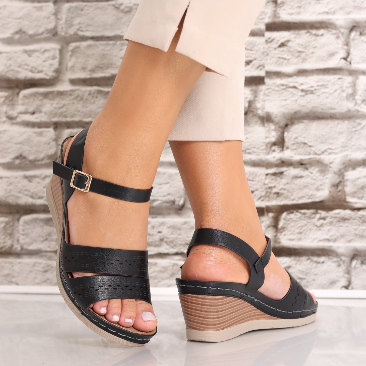 Sandale dama cu platforma Negre din Piele Ecologica Verena - poza 1