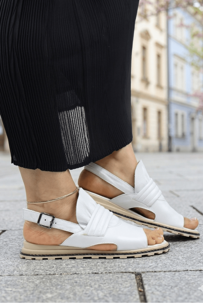 Sandale Dama din Piele Albe cu Catarama- CYPROSE