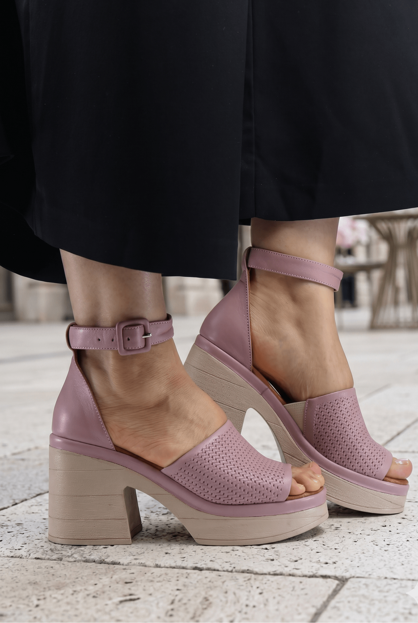 Sandale Dama din Piele Roz cu Toc Gros - TLEA PUDRA