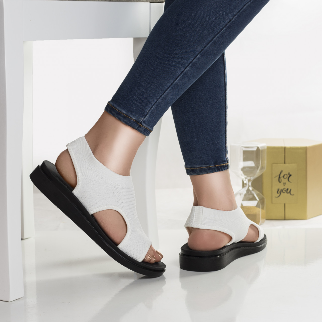 Sandale dama fara toc albe din textil niri - poza 2