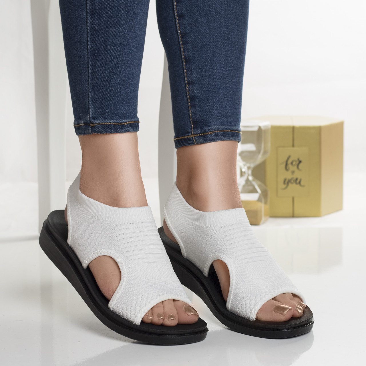 Sandale dama fara toc albe din textil niri - poza 4