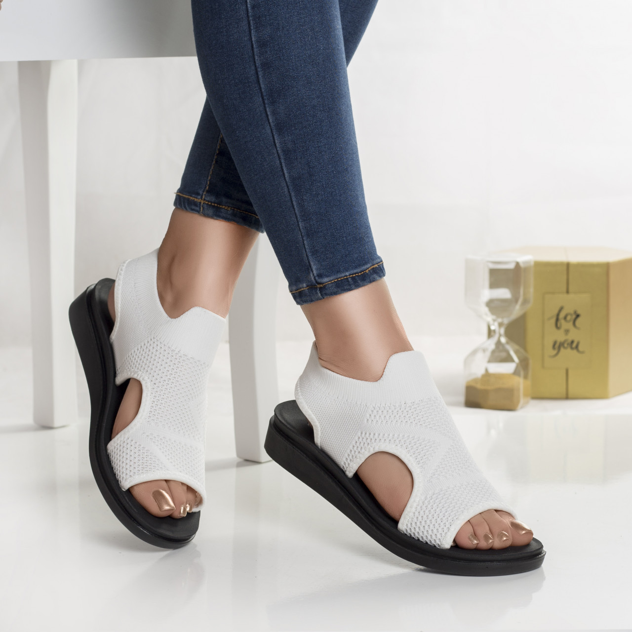 Sandale dama fara toc albe din textil sizi - poza 1