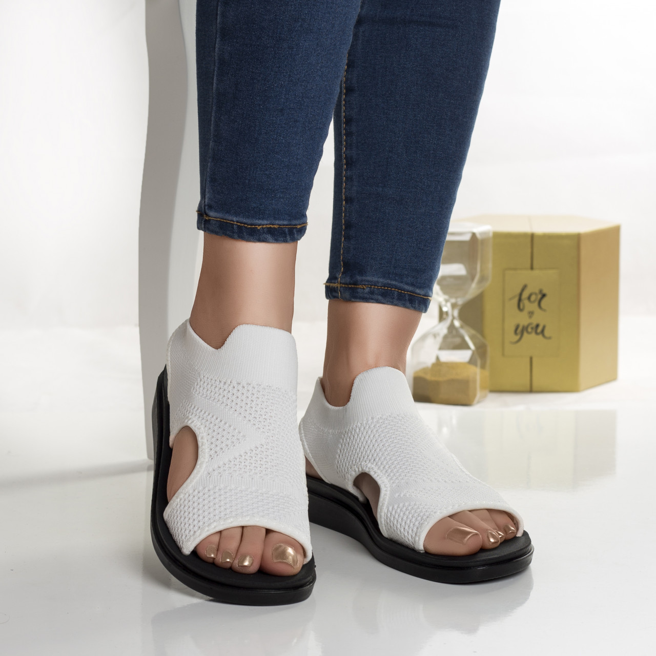 Sandale dama fara toc albe din textil sizi - poza 4