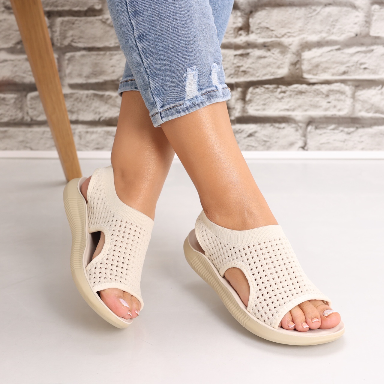 Sandale dama Fara toc Bej din Textil Estella - poza 2