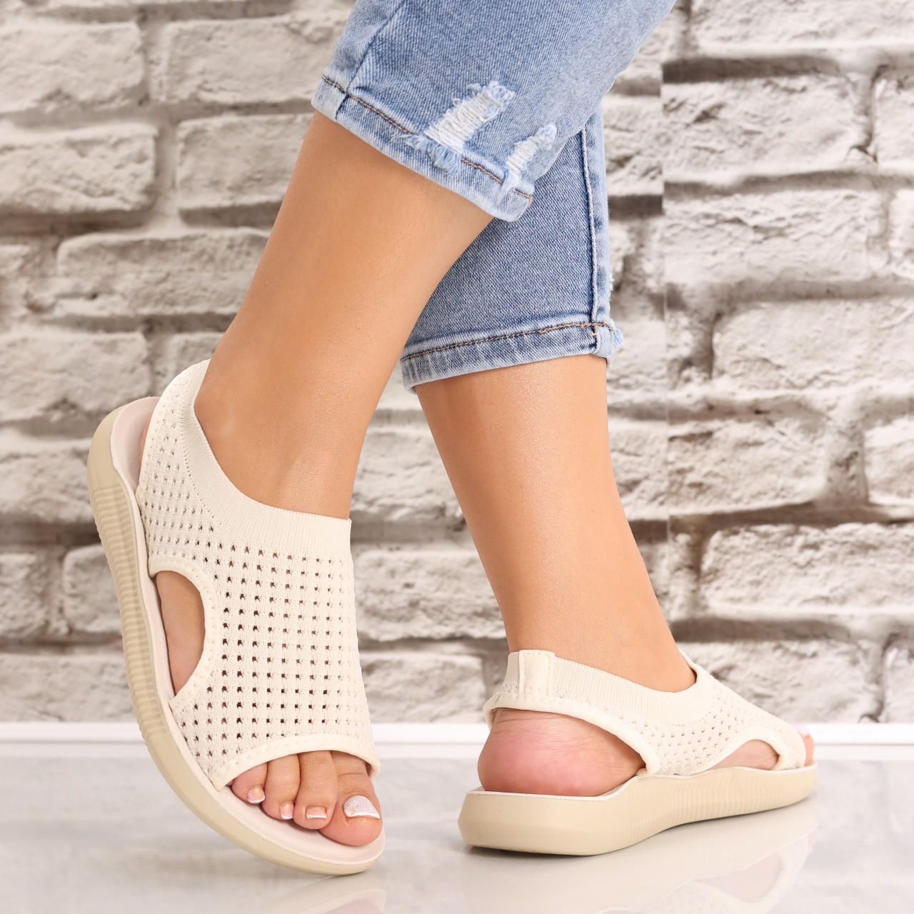 Sandale dama Fara toc Bej din Textil Estella - poza 3