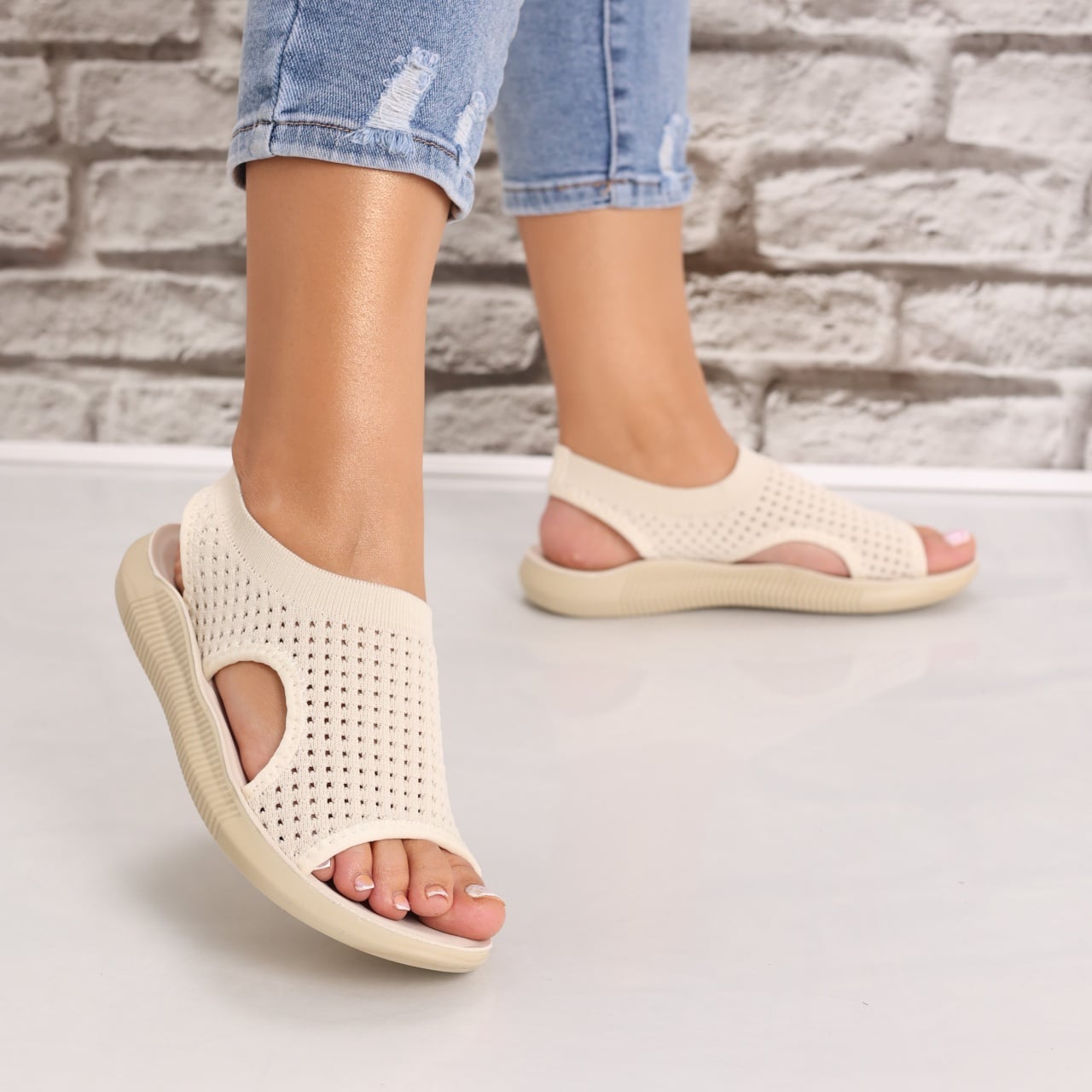 Sandale dama Fara toc Bej din Textil Estella - poza 4
