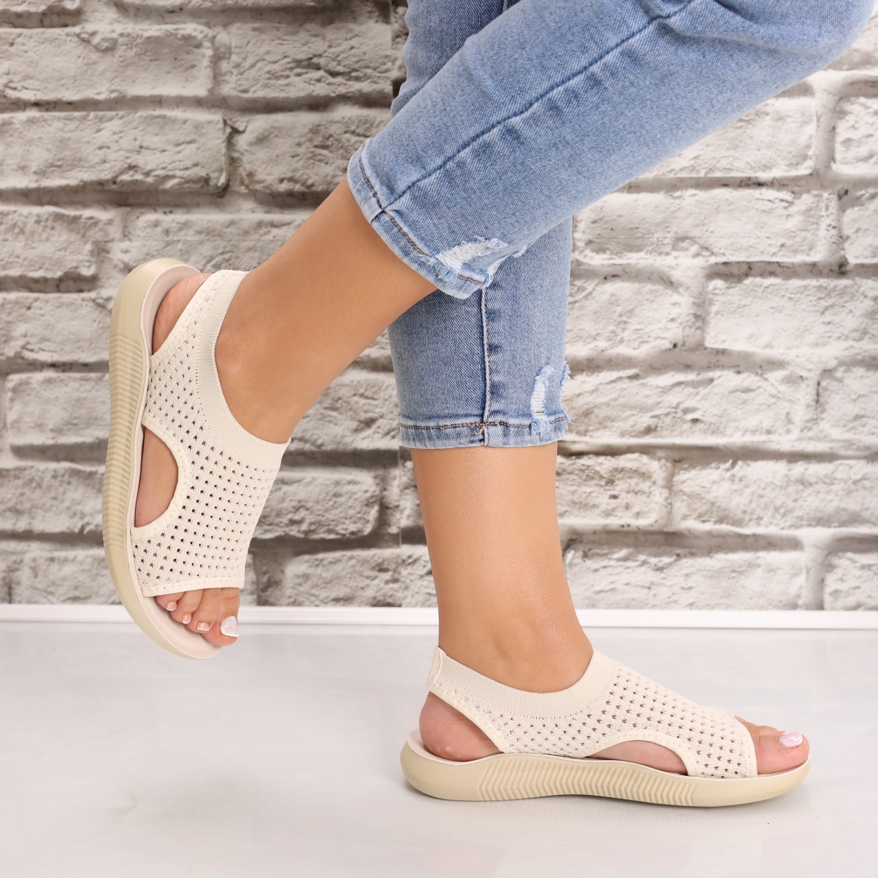 Sandale dama Fara toc Bej din Textil Estella - poza 5