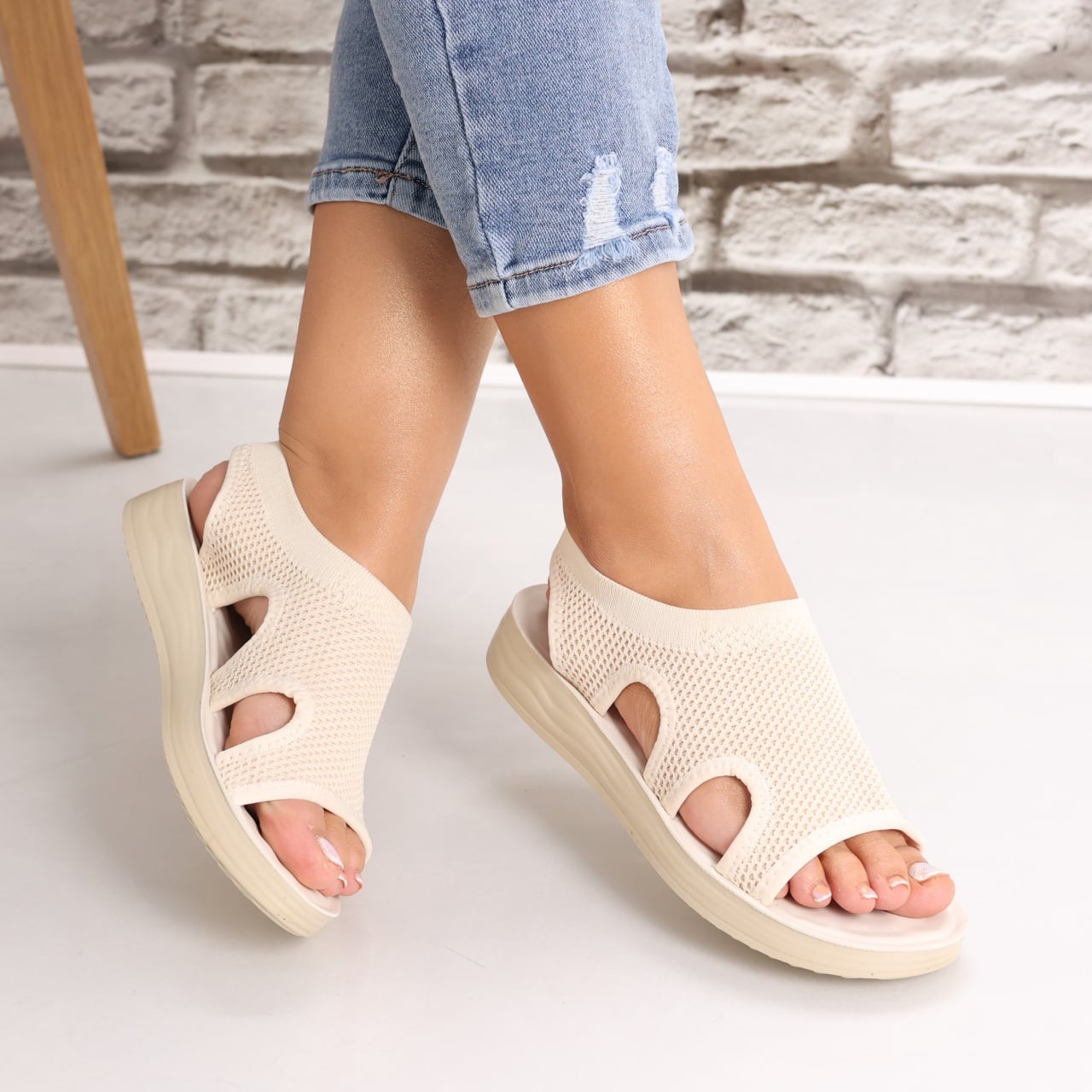 Sandale dama Fara toc Bej din Textil Laren - poza 1