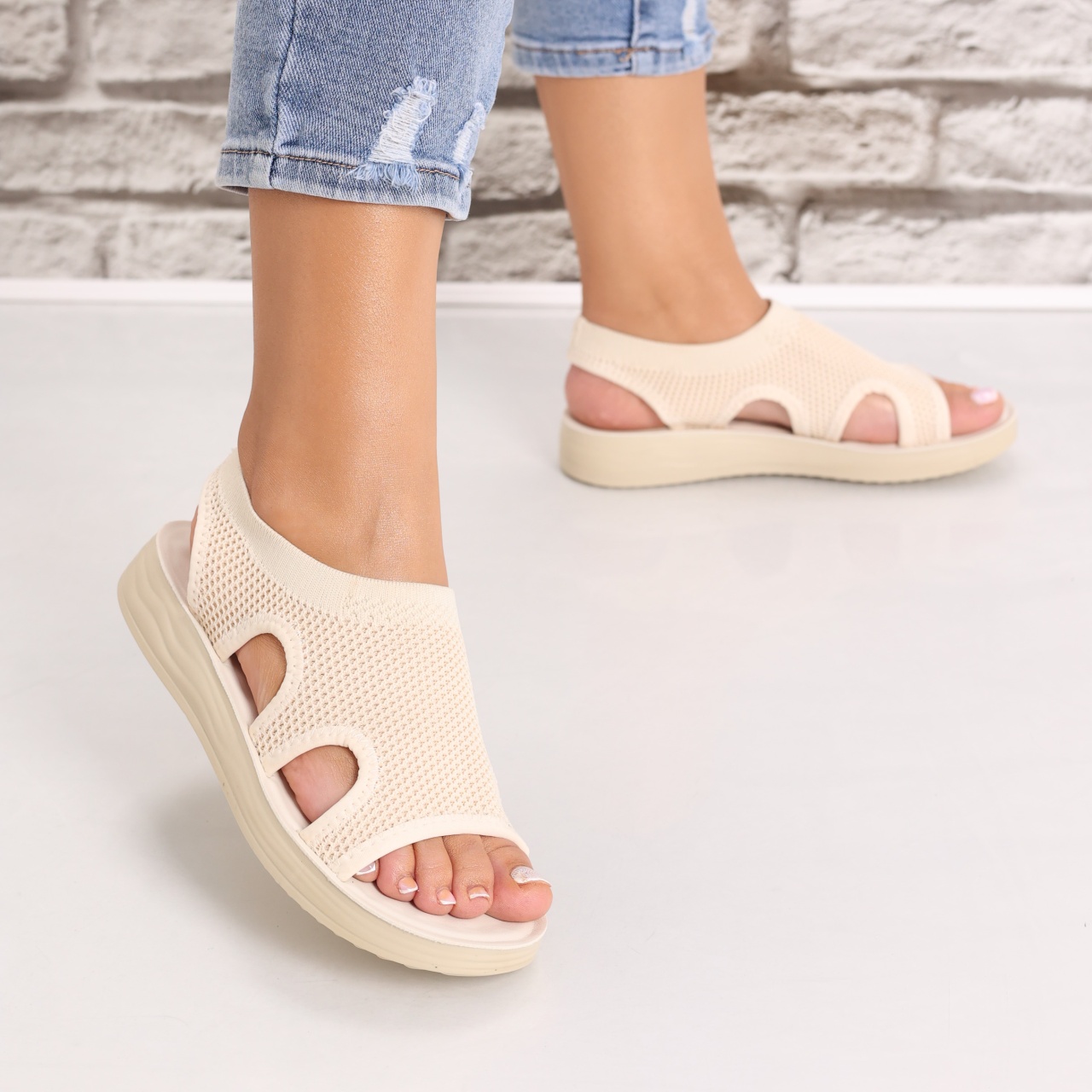 Sandale dama Fara toc Bej din Textil Laren - poza 3