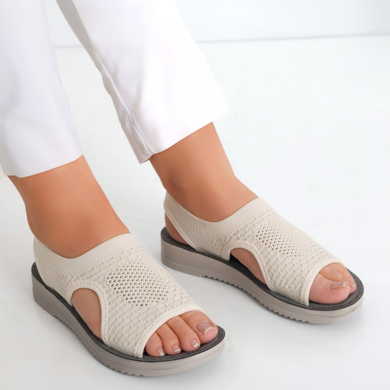 Sandale dama fara toc Bej din Textil Ortena - poza 2