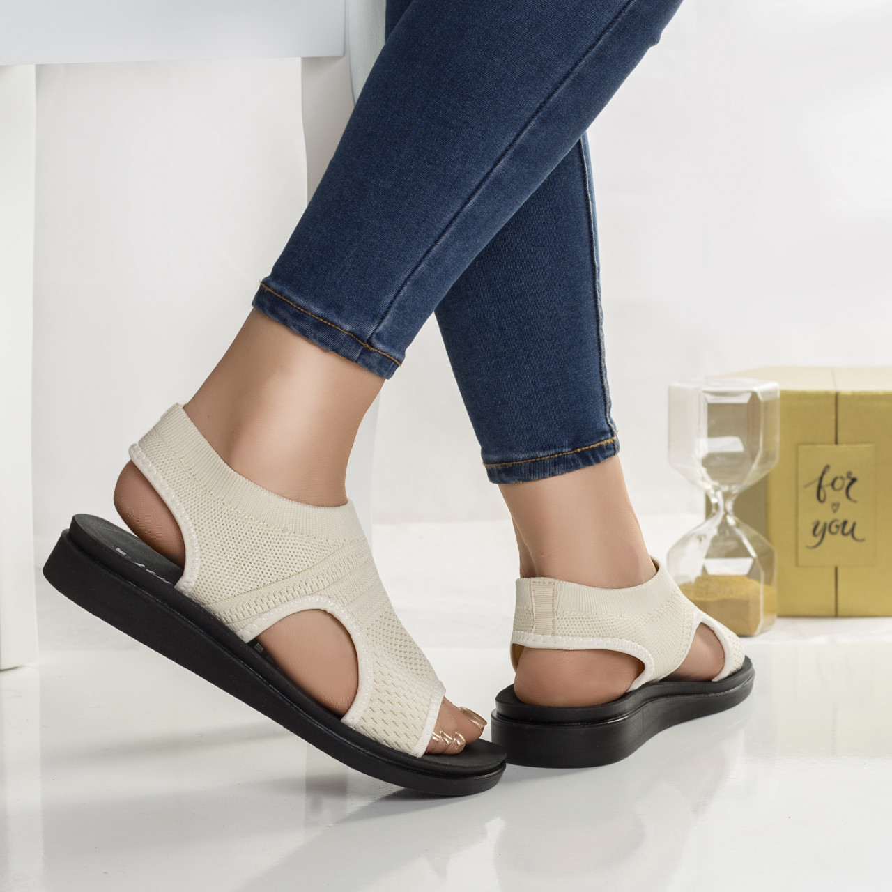 Sandale dama fara toc bej din textil vona - poza 2