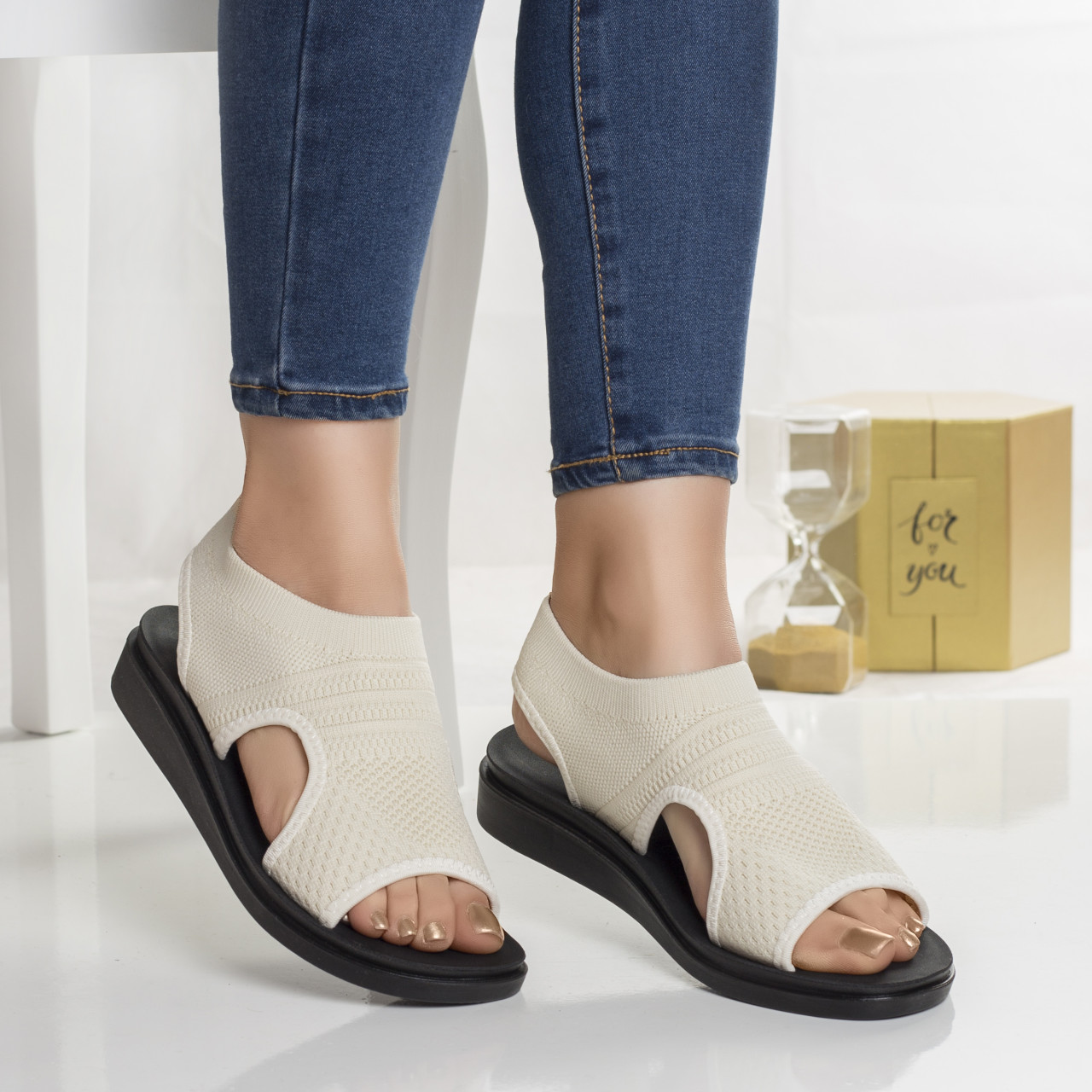 Sandale dama fara toc bej din textil vona - poza 3