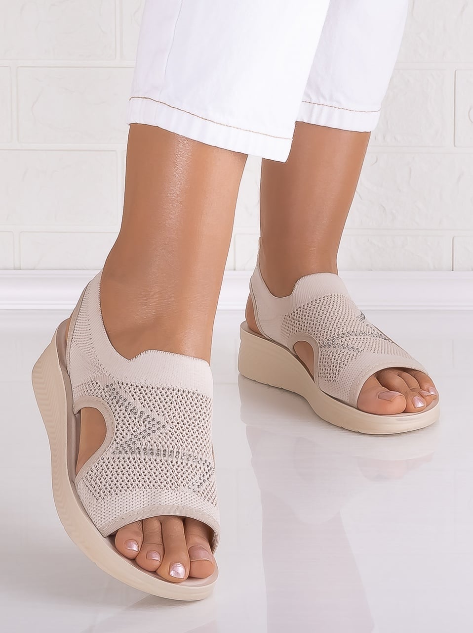 Sandale dama fara toc Bej din Textil ZINNA - poza 4