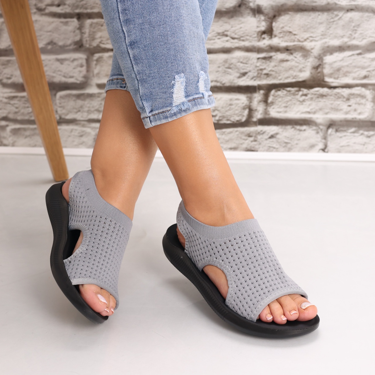 Sandale dama Fara toc Gri din Textil Estella - poza 2