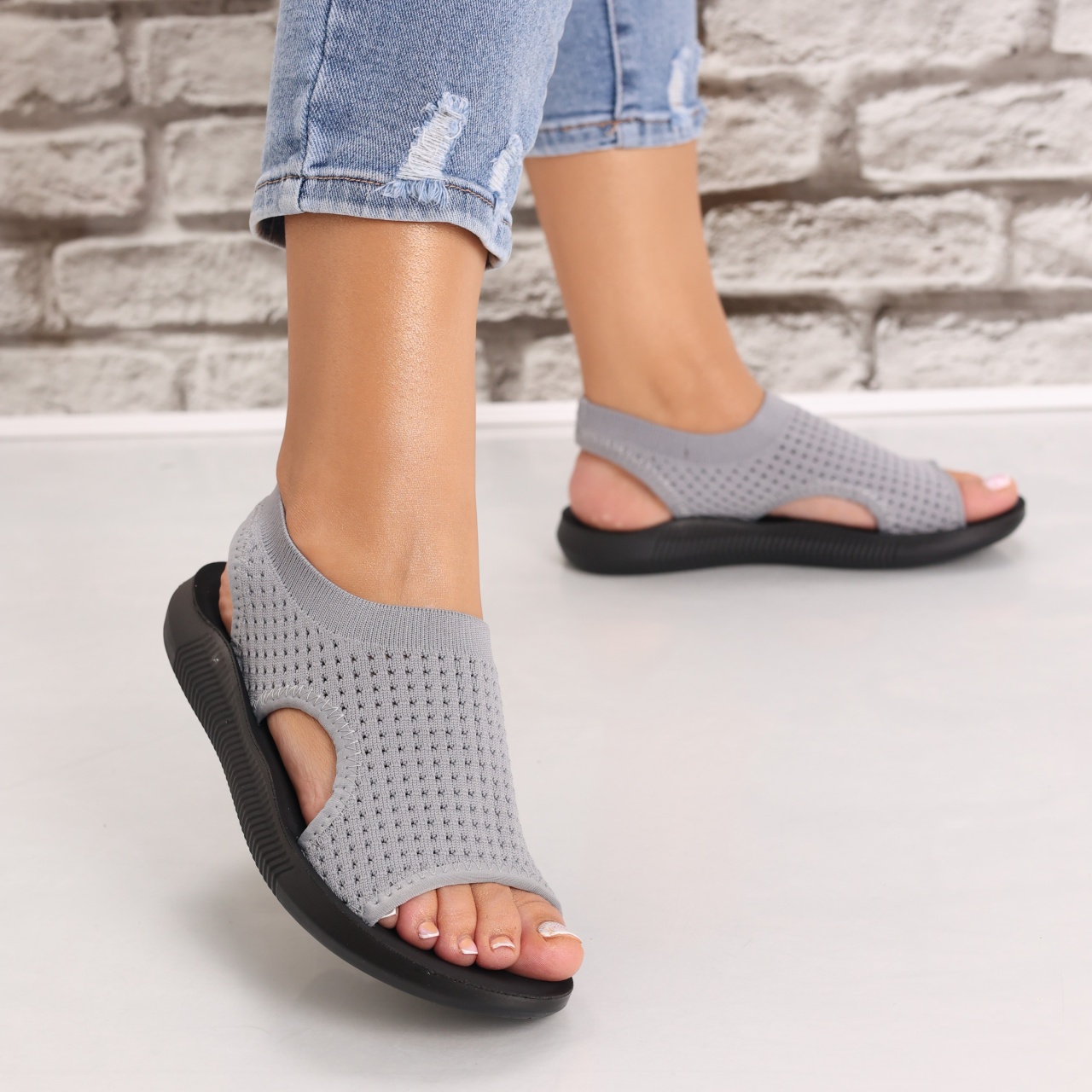 Sandale dama Fara toc Gri din Textil Estella - poza 3