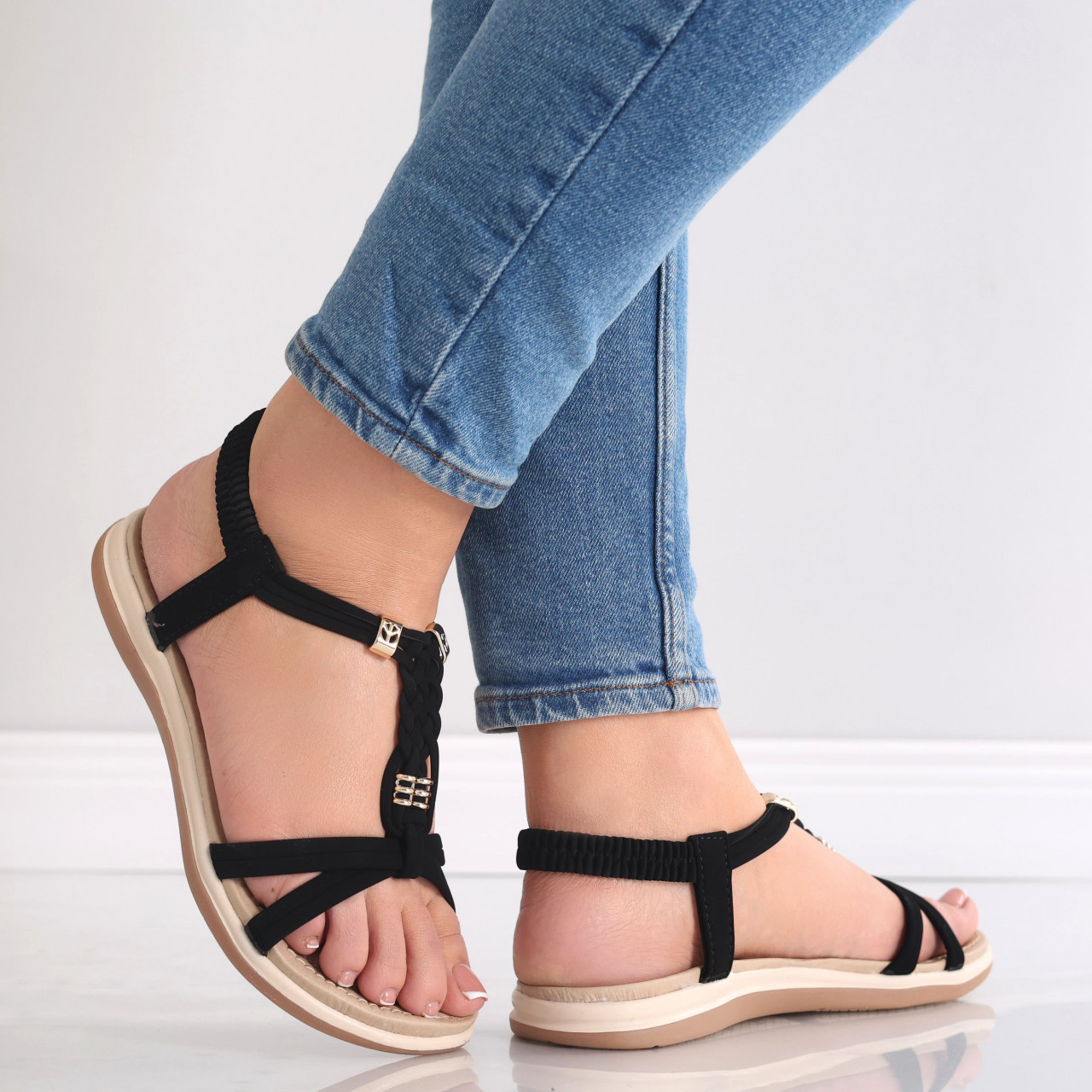 Sandale dama fara toc Negre din Imitatie Catifea Nadida - poza 5