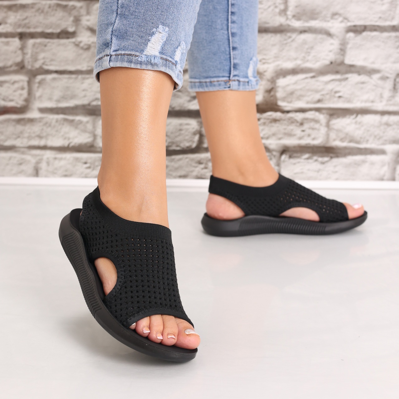 Sandale dama Fara toc Negre din Textil Estella - poza 2