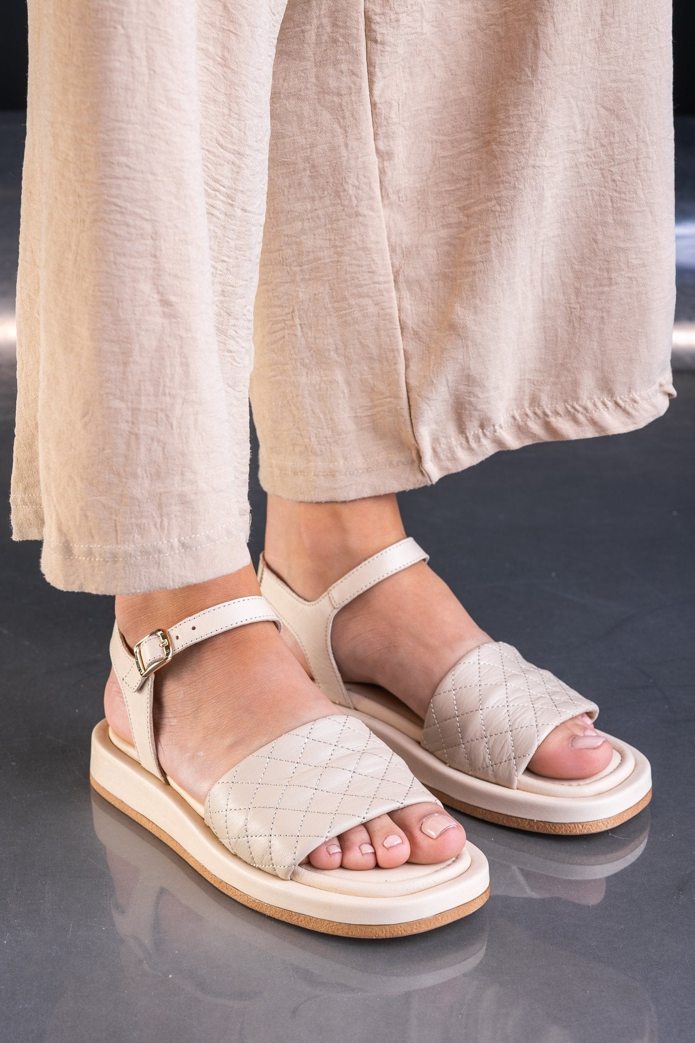 Sandale din Piele Bej cu Broderie - Fancy Beige