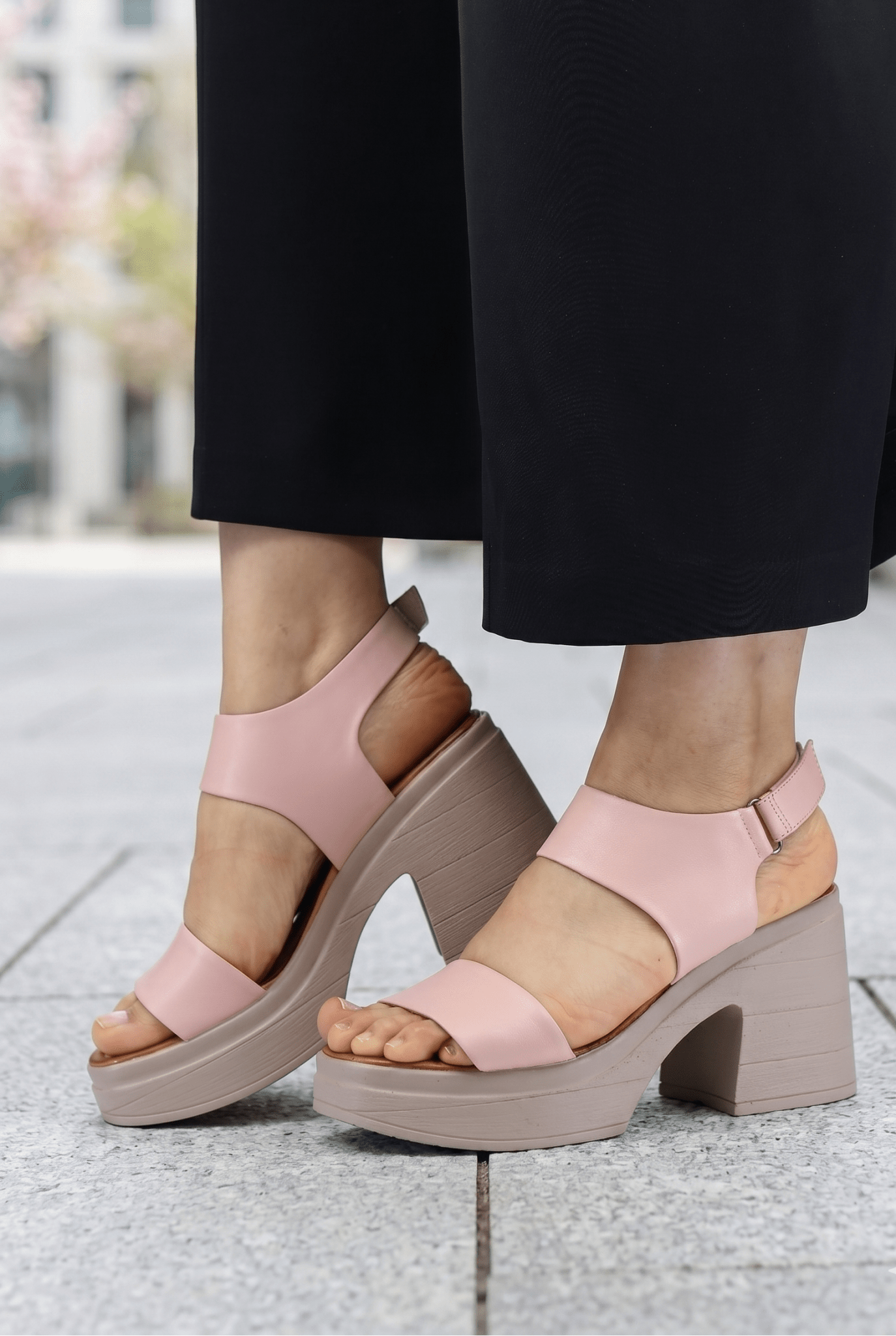 Sandale din Piele Roz Pudra cu Toc Gros - TLEA PINK