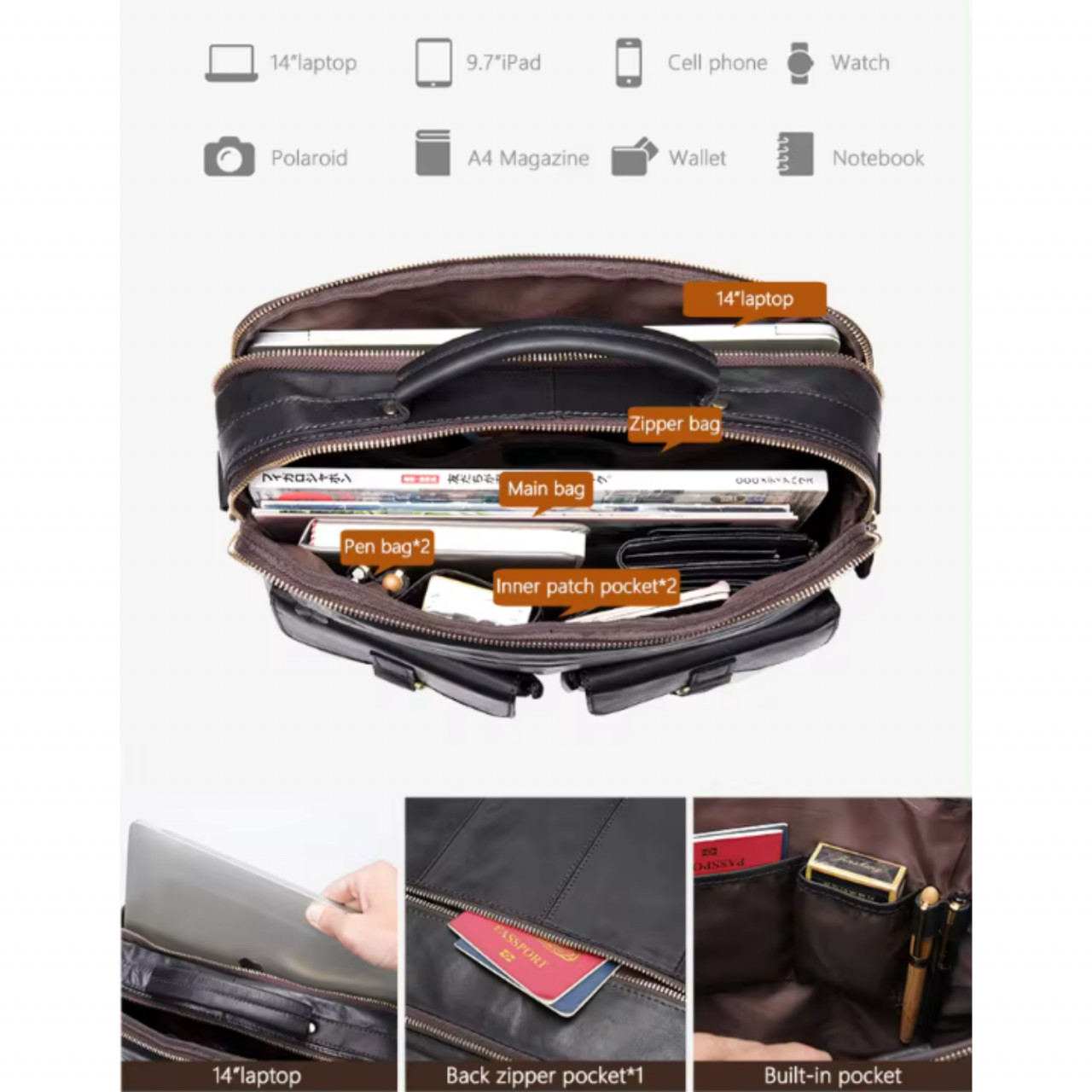 Servieta unisex Delis, Percival GT2745, piele naturala, Maro - poza 3