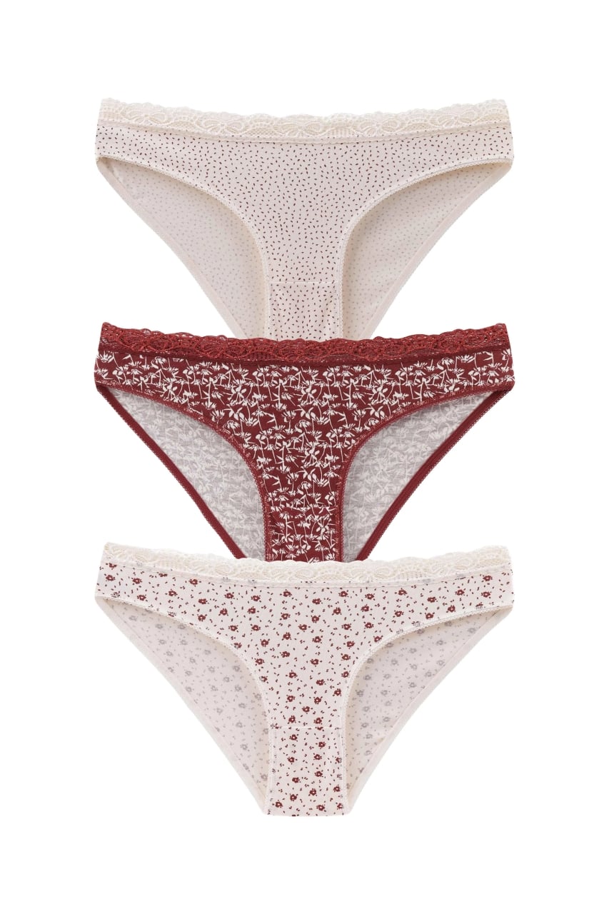 Set 3 perechi de chiloti din bumbac, cu dantela, pentru dama, 39750, Rosu/Crem