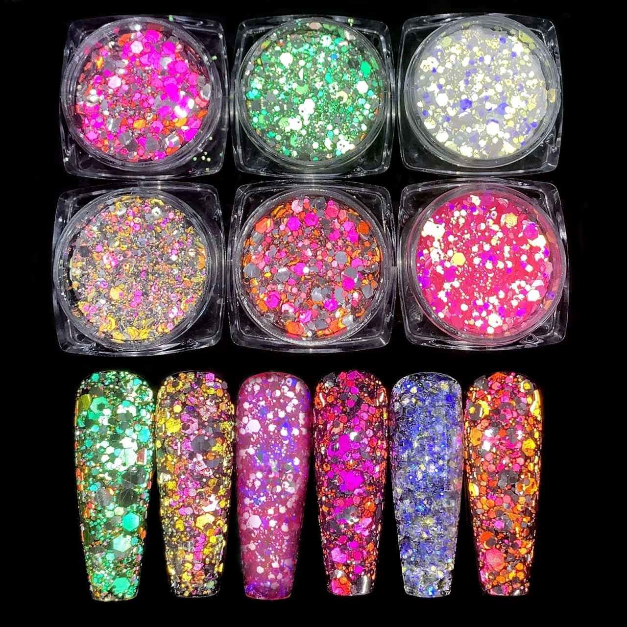 Set 6 sclipici unghii reflective Marquise, GLITTER03, Multicolor - poza 1