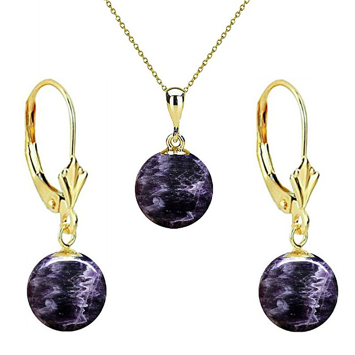 Set Aur 14 karate, Colier cu Pandantiv si Cercei Model Lalea cu Pietre Semipretioase Naturale de Ametist de 10 mm