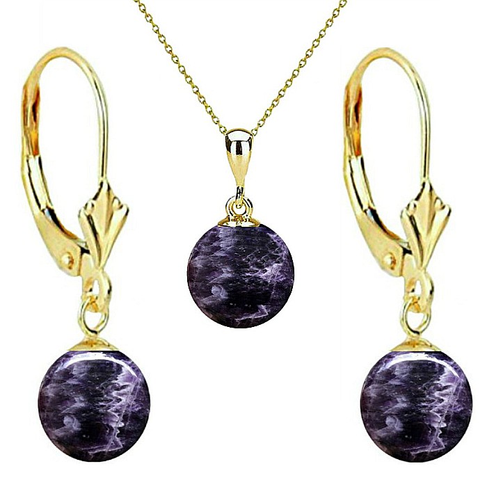 Set Aur 14 karate, Colier cu Pandantiv si Cercei Model Lalea cu Pietre Semipretioase Naturale de Ametist de 8 mm