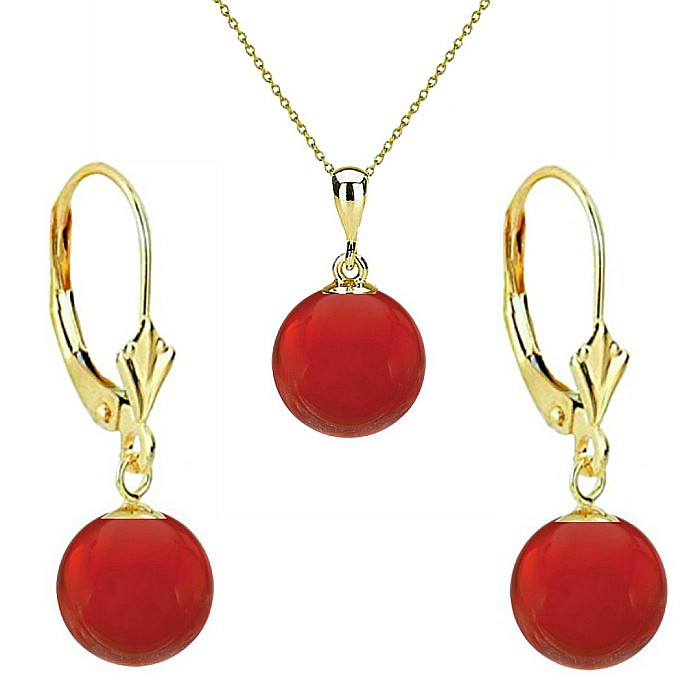 Set Aur 14 karate, Colier cu Pandantiv si Cercei Model Lalea cu Pietre Semipretioase Naturale de Carneol de 10 mm
