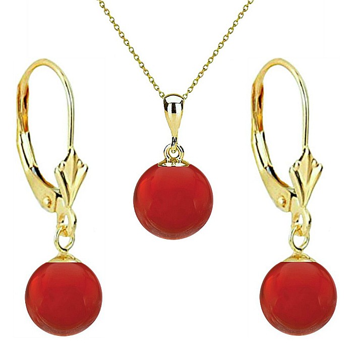 Set Aur 14 karate, Colier cu Pandantiv si Cercei Model Lalea cu Pietre Semipretioase Naturale de Carneol de 8 mm