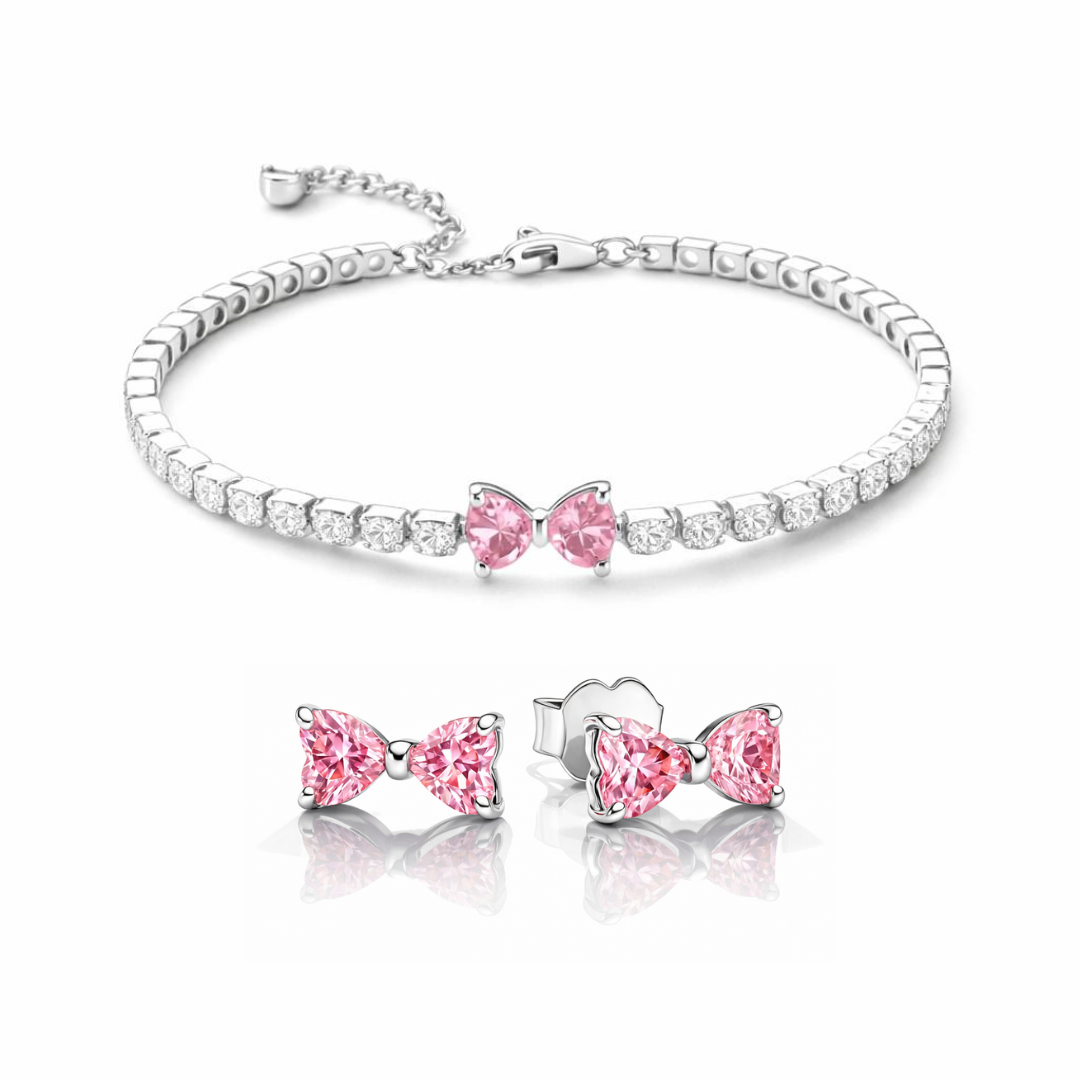Set bijuterii Cercei si Bratara Pink Bow Cu Argint