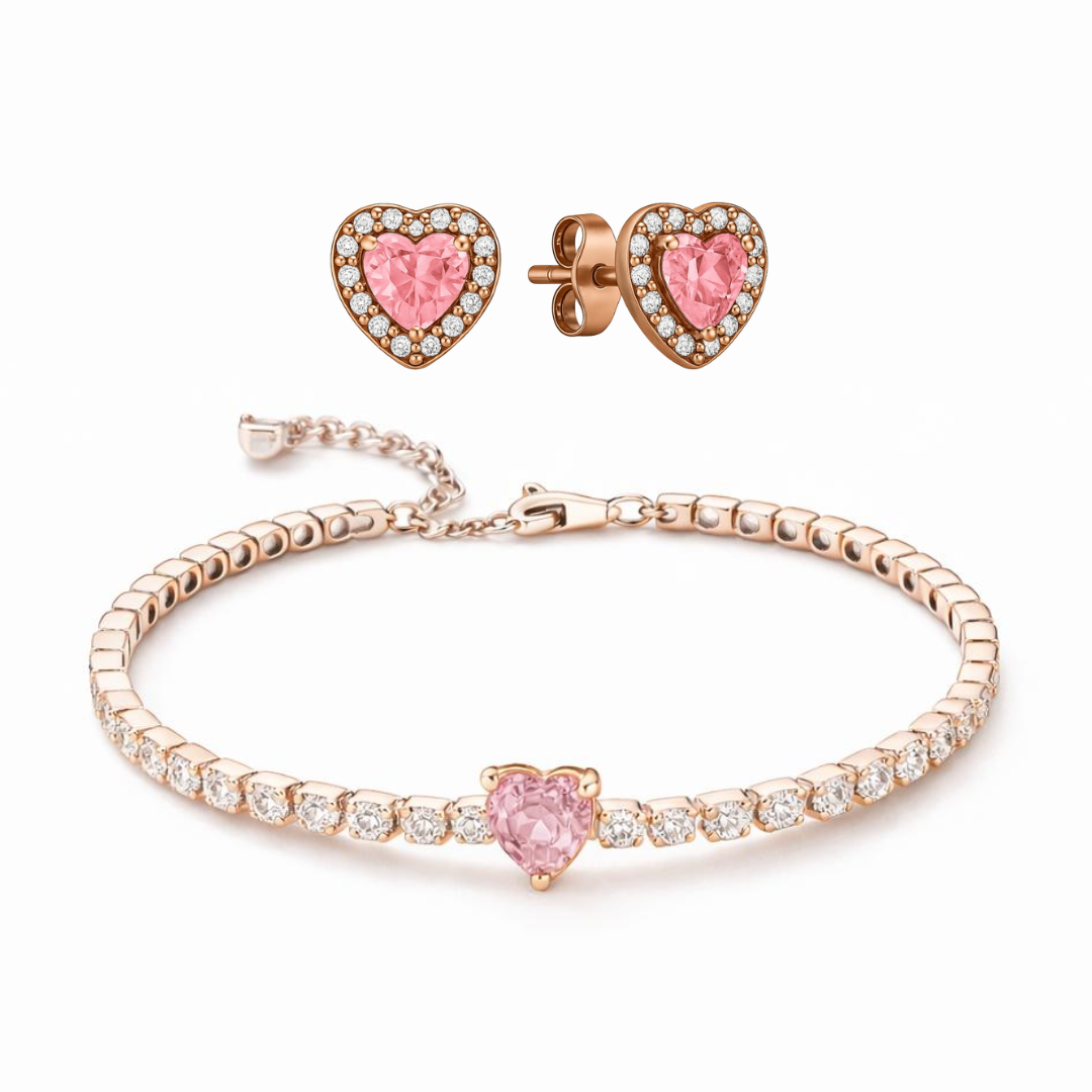Set bijuterii Cercei si Bratara Pink Heart Rose Cu Argint